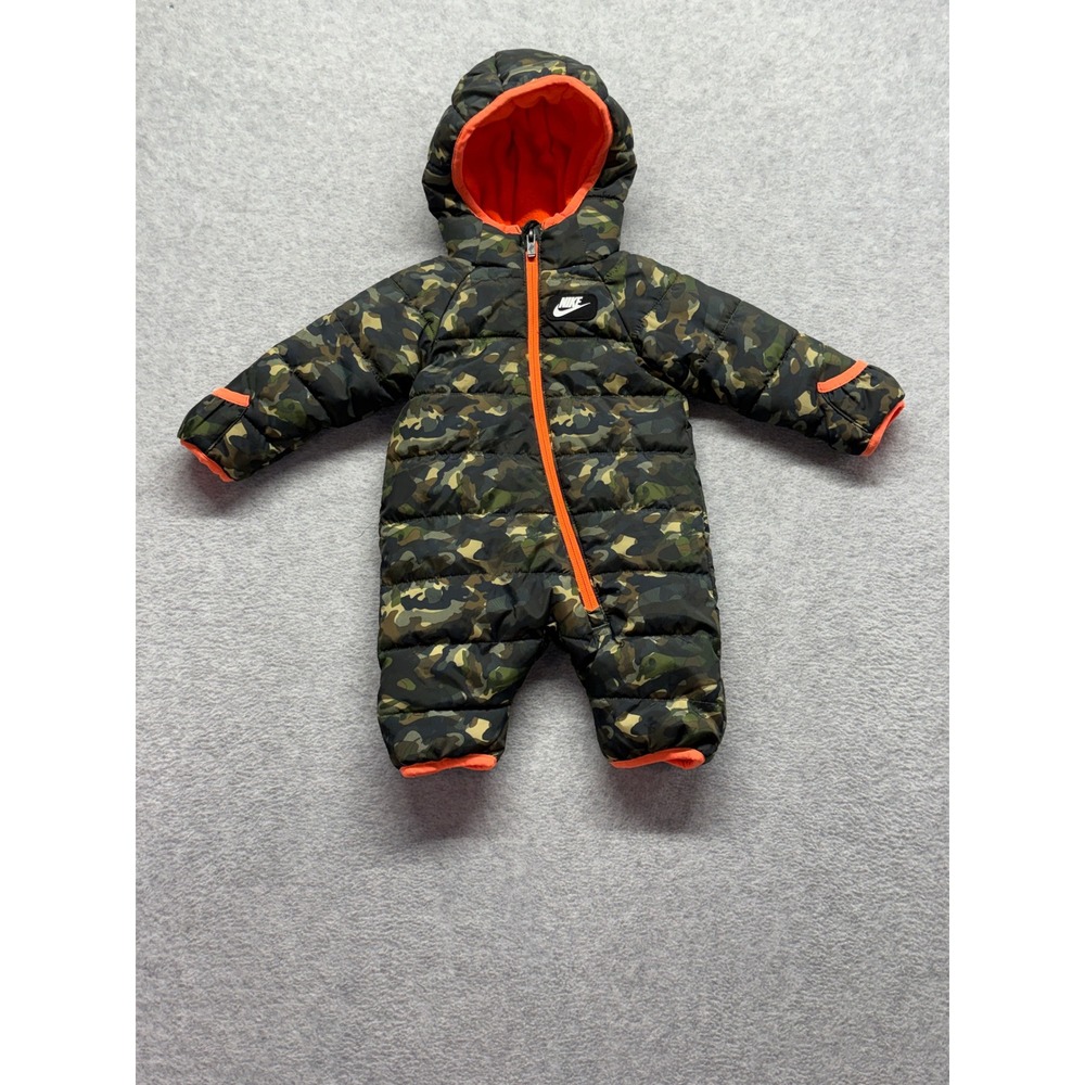 Nike Newborn Camo Puffer Bunting Hooded Snowsuit Green Orange Camouflage